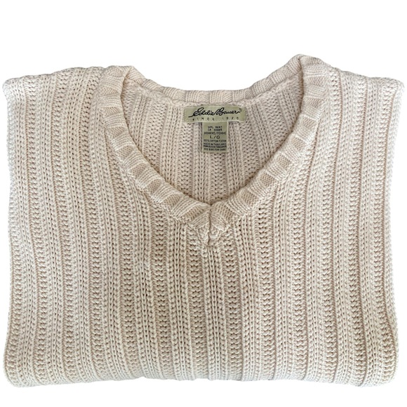 Vintage Eddie Bauer Sweater V-neck Cotton Knit Ivory Cream Off White Size Large - Picture 13 of 16